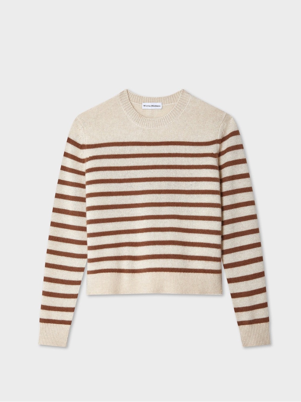 WHITE + WARREN
Luxury Cashmere Striped Crewneck Sweater in Cream & Brown Sm
